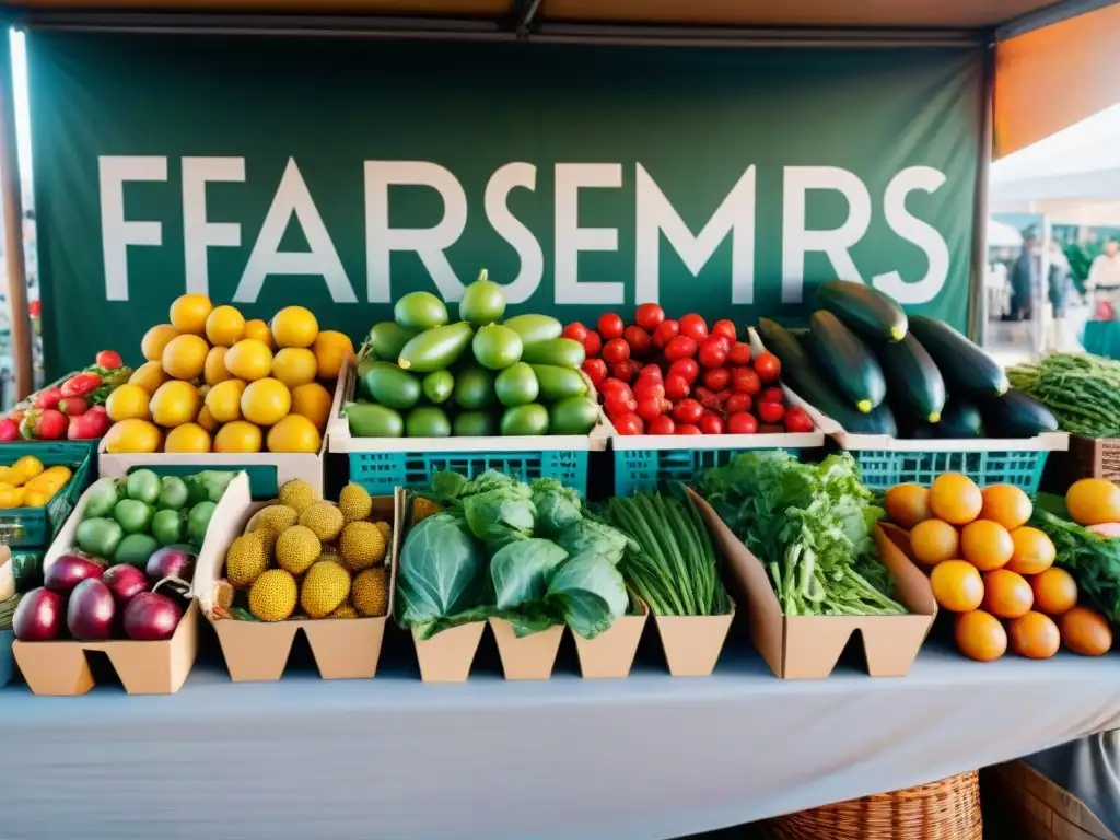 Puesto de mercado con alimentos frescos y coloridos, ideal para una dieta sin gluten