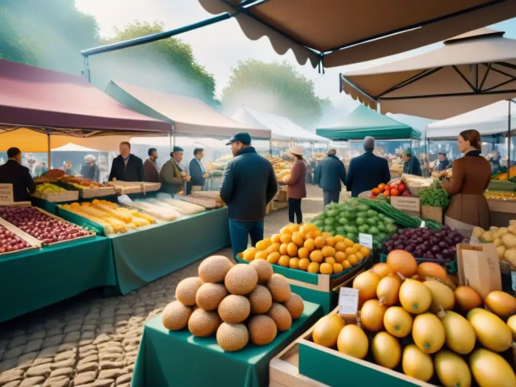 Un mercado con alimentos sin gluten innovadores tendencias, clientes felices explorando puestos coloridos bajo la cálida luz del sol