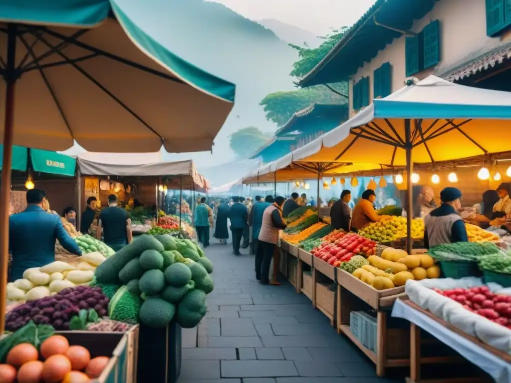 Un mercado de alimentos vibrante y bullicioso con destinos gastronómicos sin gluten recomendados, lleno de color y sabores de todo el mundo