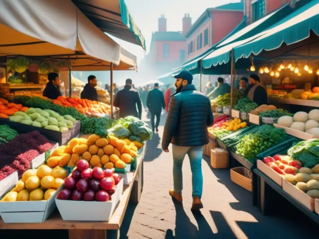 Un mercado de alimentos vibrante y bullicioso con frutas, verduras, hierbas y especias coloridas de todo el mundo