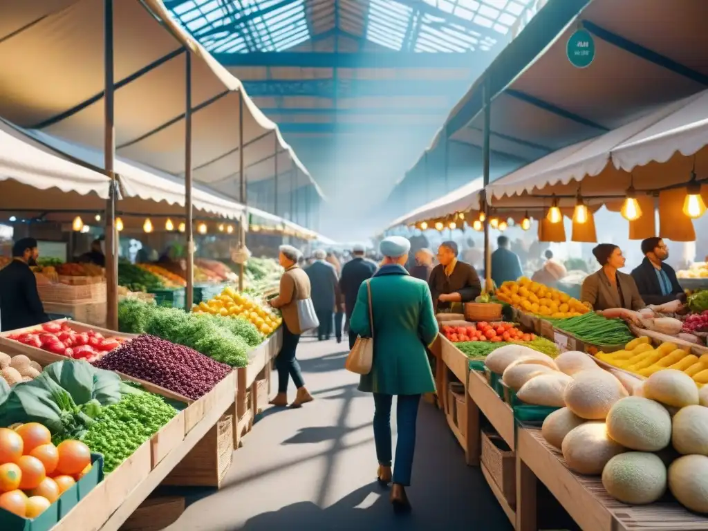 Un mercado de alimentos vibrante y sostenible, con productos sin gluten, vendedores y clientes interactuando