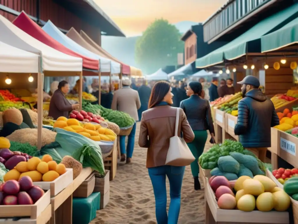 Un mercado animado con frutas, verduras y granos orgánicos