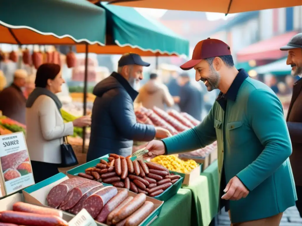 Un mercado animado con variedad de embutidos sin gluten recomendados, clientes felices explorando productos bajo el sol