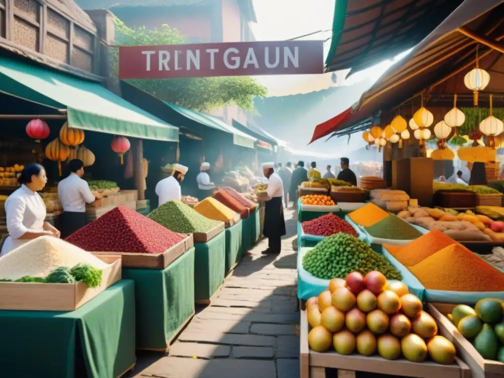 Un mercado asiático bullicioso con ingredientes sin gluten y chefs preparando recetas sin gluten asiáticas adaptadas