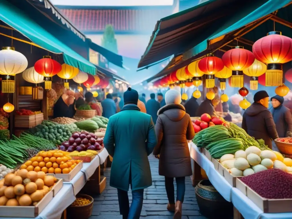 Un mercado asiático bullicioso con ingredientes sin gluten innovadores, frutas exóticas, hierbas aromáticas y especias tradicionales