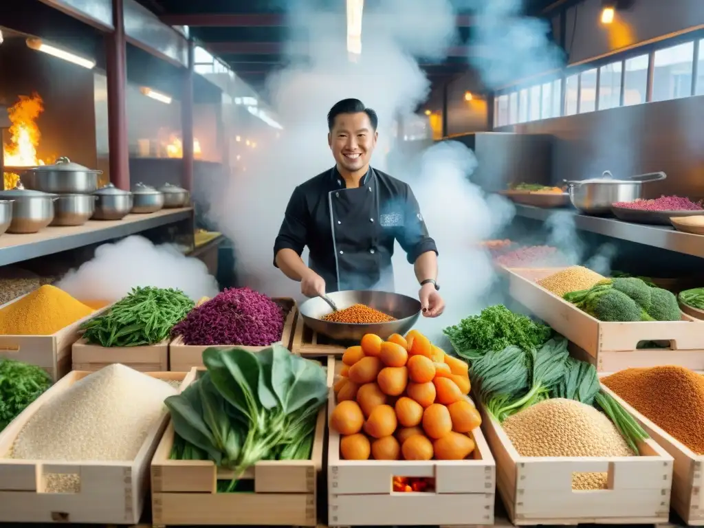 Un mercado asiático vibrante con ingredientes frescos y un chef preparando recetas sin gluten con soja