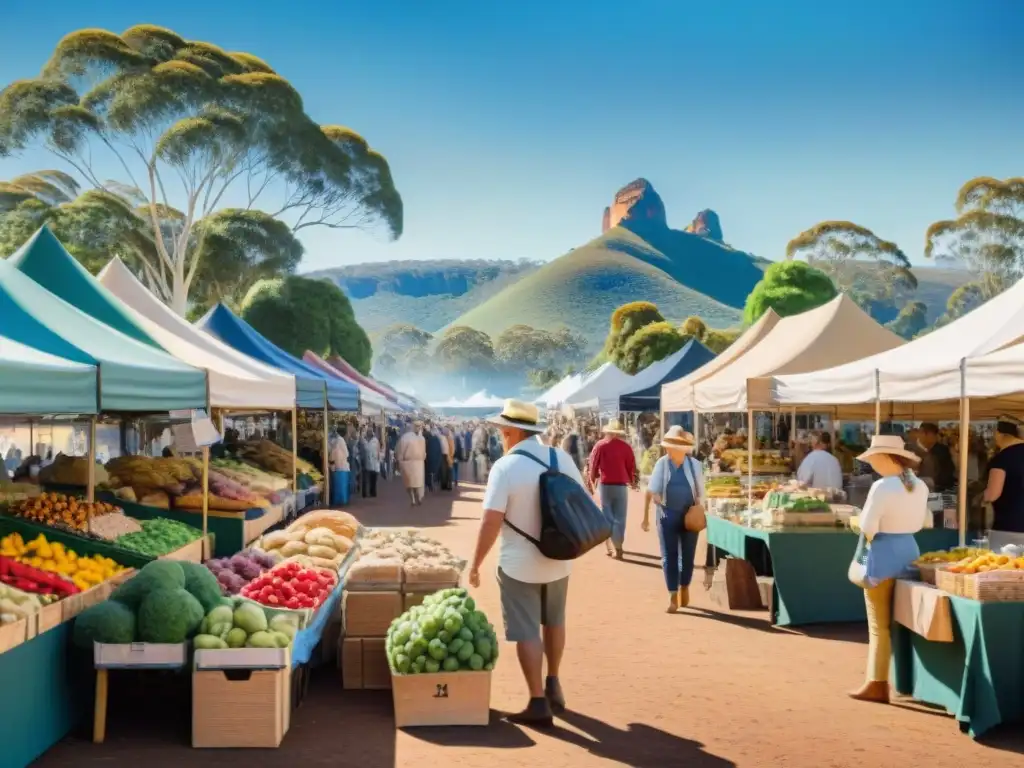 Mercado australiano bullicioso con recetas sin gluten, frutas frescas, pan artesanal y paisaje icónico