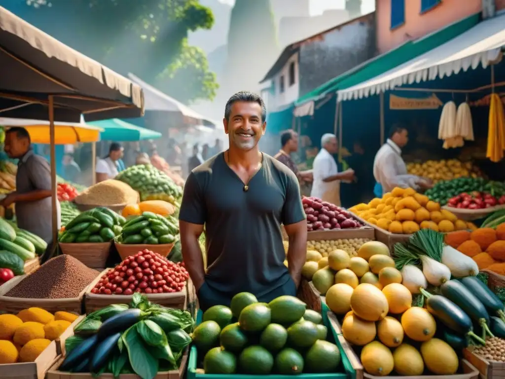 Un mercado brasileño vibrante con frutas, verduras y especias frescas