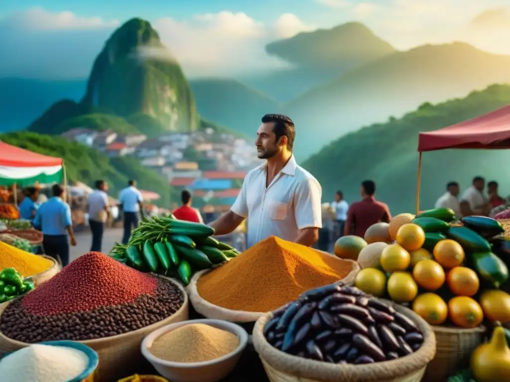 Mercado brasileño vibrante con gente comprando frutas, verduras y especias, sumergiendo al espectador en la rica cultura culinaria de Brasil