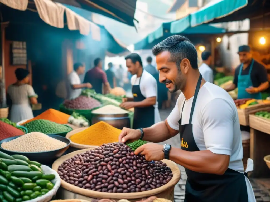 Mercado brasileño vibrante con ingredientes frescos para receta feijoada sin gluten, inmerso en cultura culinaria auténtica