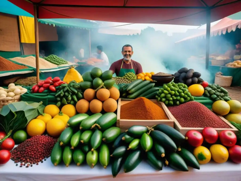 Un mercado brasileño vibrante con ingredientes frescos y coloridos