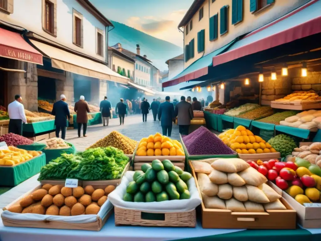 Un mercado bullicioso en los Balcanes con frutas, verduras y delicias sin gluten como baklava y burek