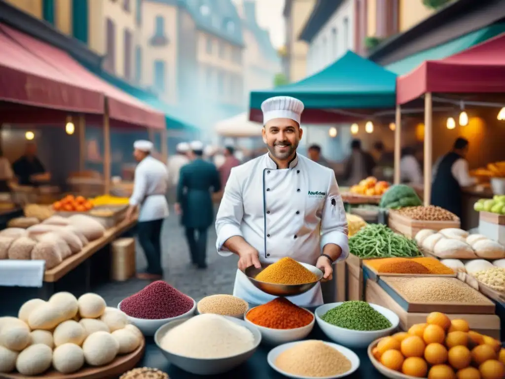 Un mercado bullicioso en una ciudad vibrante, con una variedad de alimentos coloridos y un chef sirviendo recetas sin gluten innovadoras