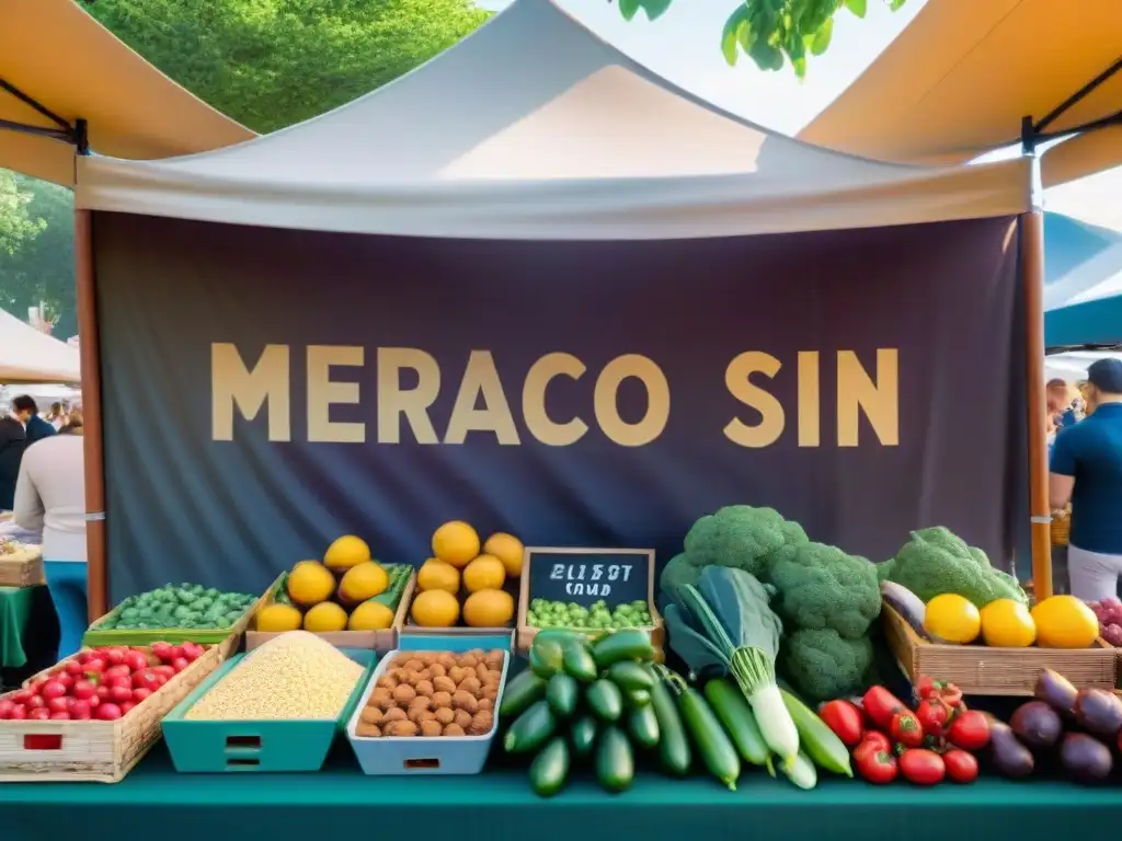 Un mercado bullicioso y colorido con productos frescos y sin gluten, gente feliz comprando