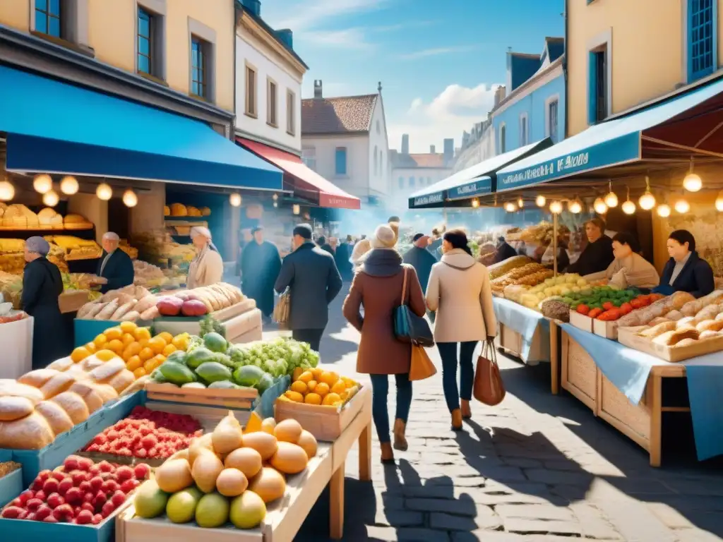 Un mercado bullicioso con coloridos puestos de alimentos sin gluten, clientes entusiasmados y un ambiente cálido y acogedor