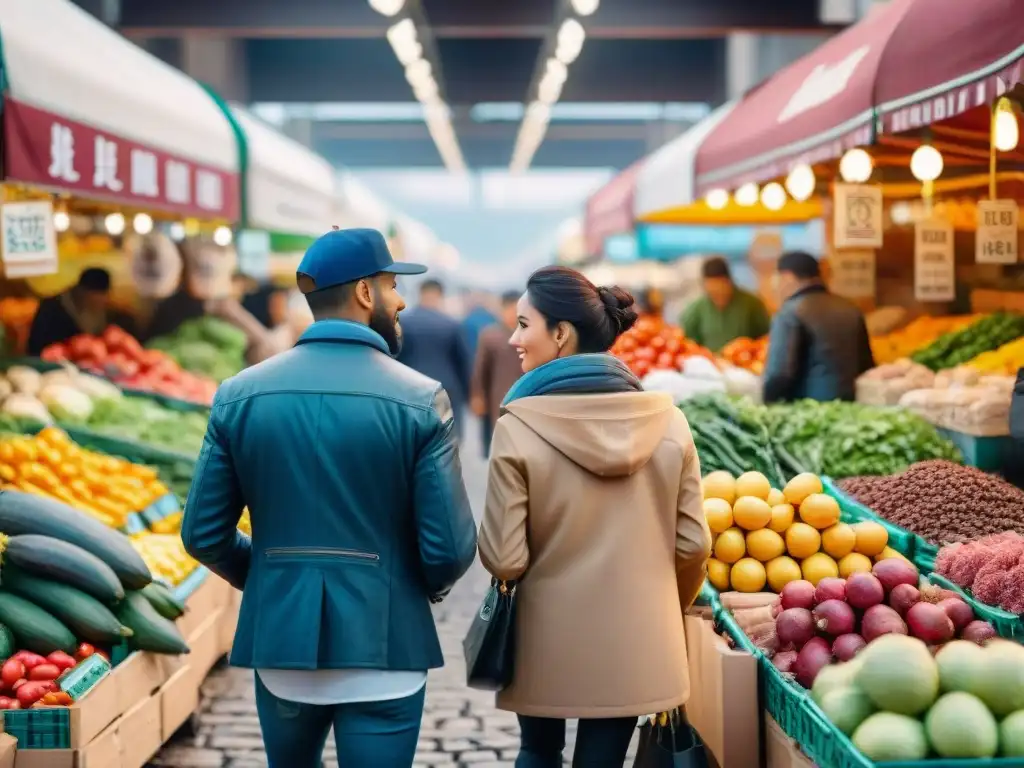 Un mercado bullicioso con una diversa comunidad comprando alimentos sin gluten