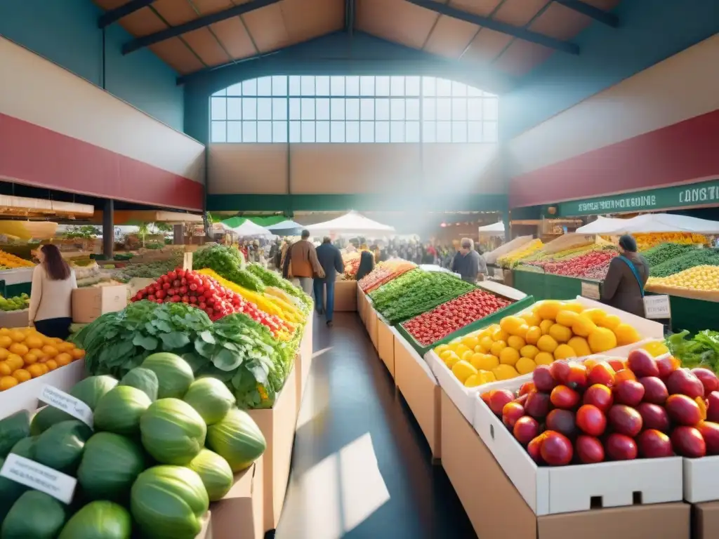 Un mercado bullicioso con frutas, verduras y granos sin gluten