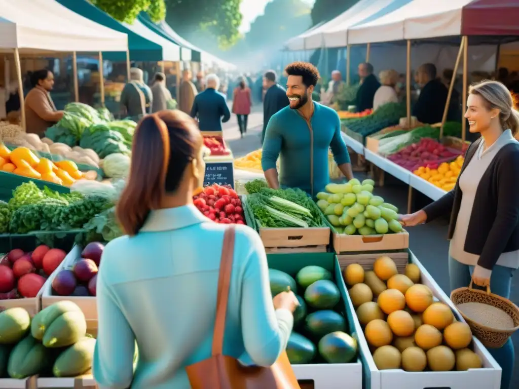 Un mercado bullicioso con gente diversa comprando frutas y verduras, rodeados de banners coloridos