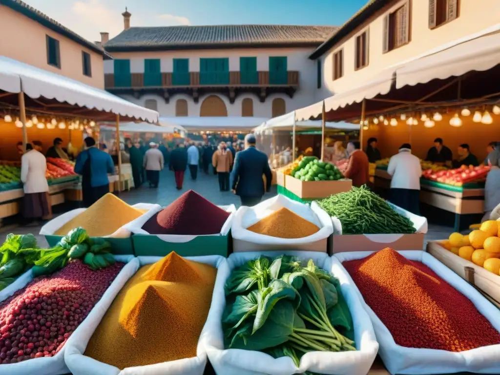 Un mercado bullicioso en Granada, bañado por la luz cálida del sol, con productos frescos y sin gluten