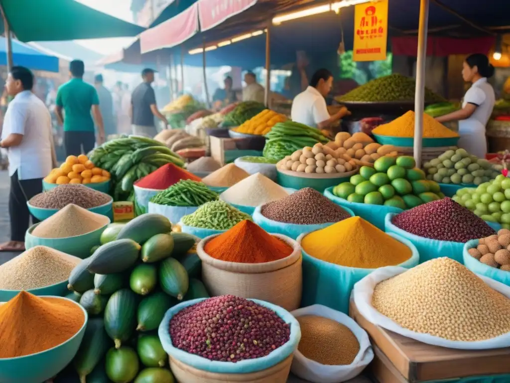 Un mercado bullicioso en Tailandia con ingredientes frescos y coloridos para platos sin gluten rápidos internacionales