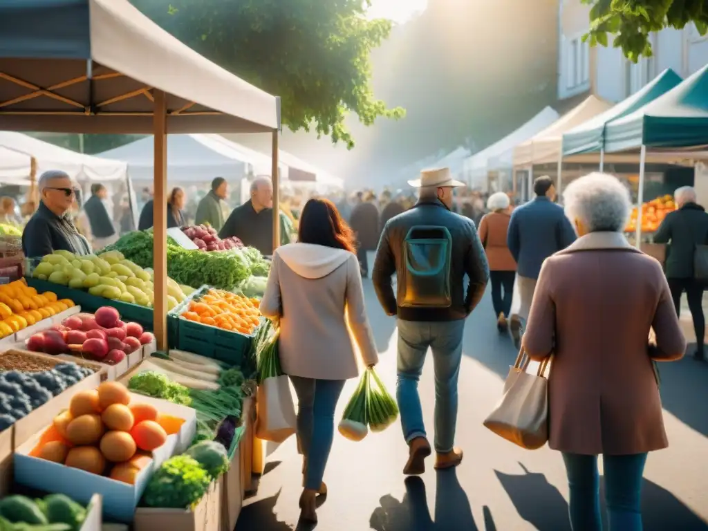 Un mercado bullicioso lleno de coloridos puestos rebosantes de frutas y verduras orgánicas frescas