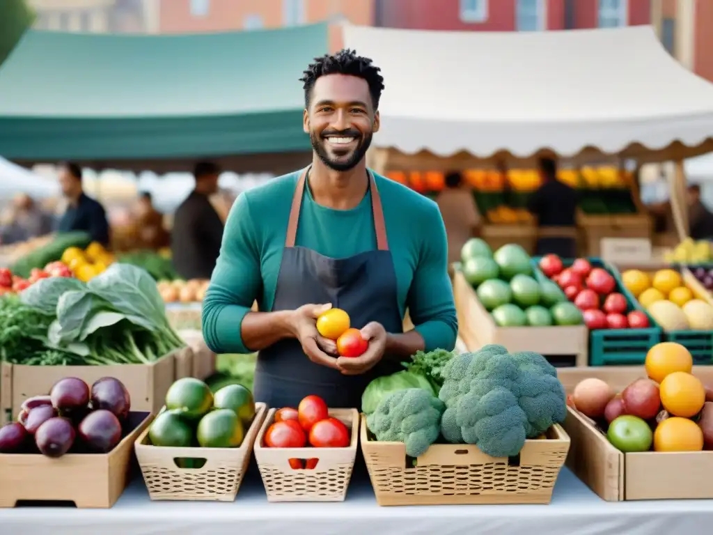 Un mercado agrícola bullicioso lleno de coloridos puestos con productos frescos, donde productores locales en dieta sin gluten ofrecen sus productos