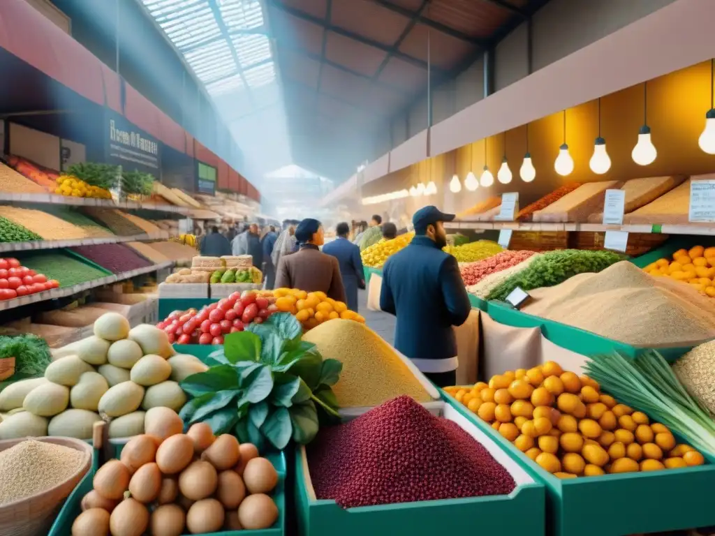 Un mercado bullicioso lleno de ingredientes importados sin gluten y productos frescos vibrantes en un ambiente acogedor y colorido