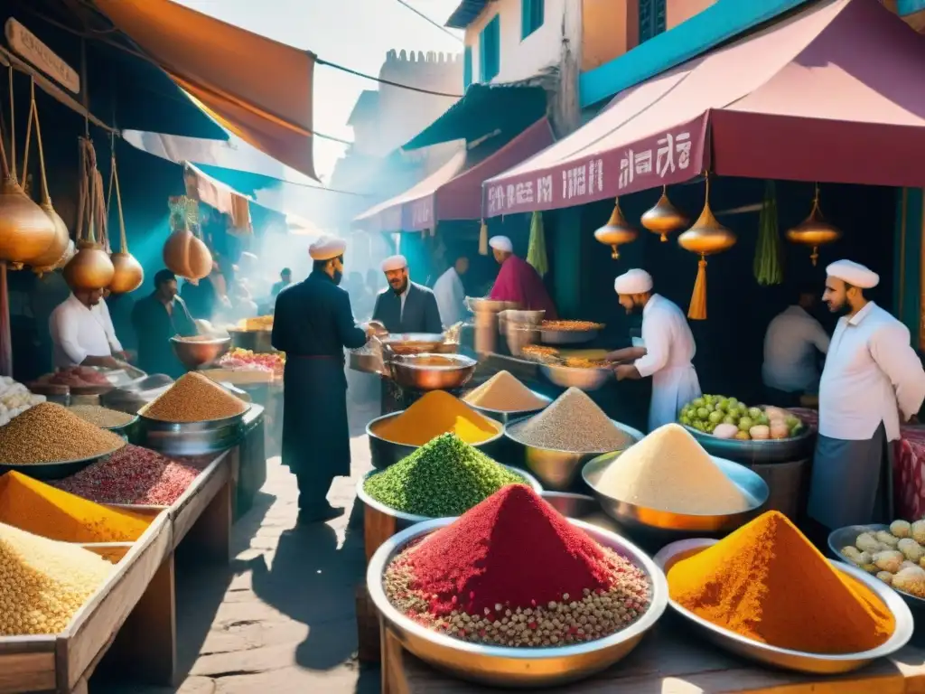 Un mercado bullicioso en Oriente con coloridas especias, frutas frescas y platos sin gluten