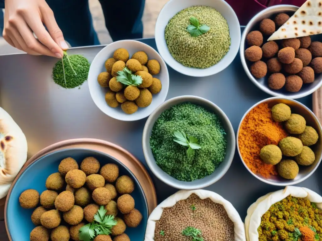 Un mercado bullicioso de Oriente Medio con ingredientes para hacer falafel sin gluten receta fácil