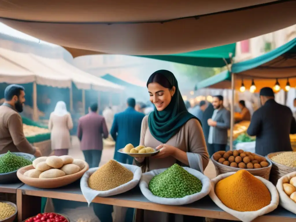 Un mercado bullicioso en Oriente Medio con recetas sin gluten, colores vibrantes y arquitectura tradicional