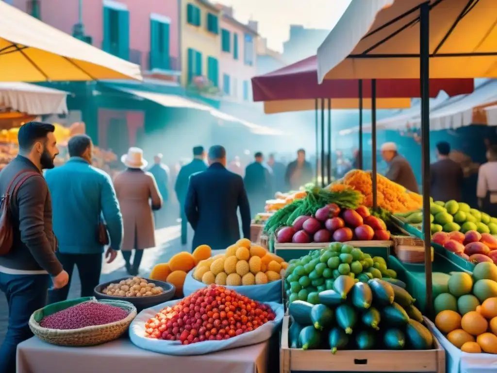 Mercado bullicioso en Murcia con platos sin gluten y colorida variedad de alimentos, locales y turistas disfrutando