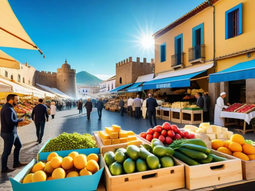 Un mercado bullicioso en Almería con productos frescos y coloridos bajo el sol dorado