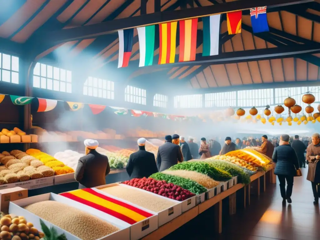 Un mercado bullicioso con certificación productos sin gluten importados y banderas internacionales ondeando sobre puestos coloridos