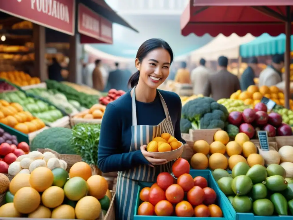 Un mercado bullicioso con productos sin gluten importados certificados, clientes felices explorando la variedad de alimentos