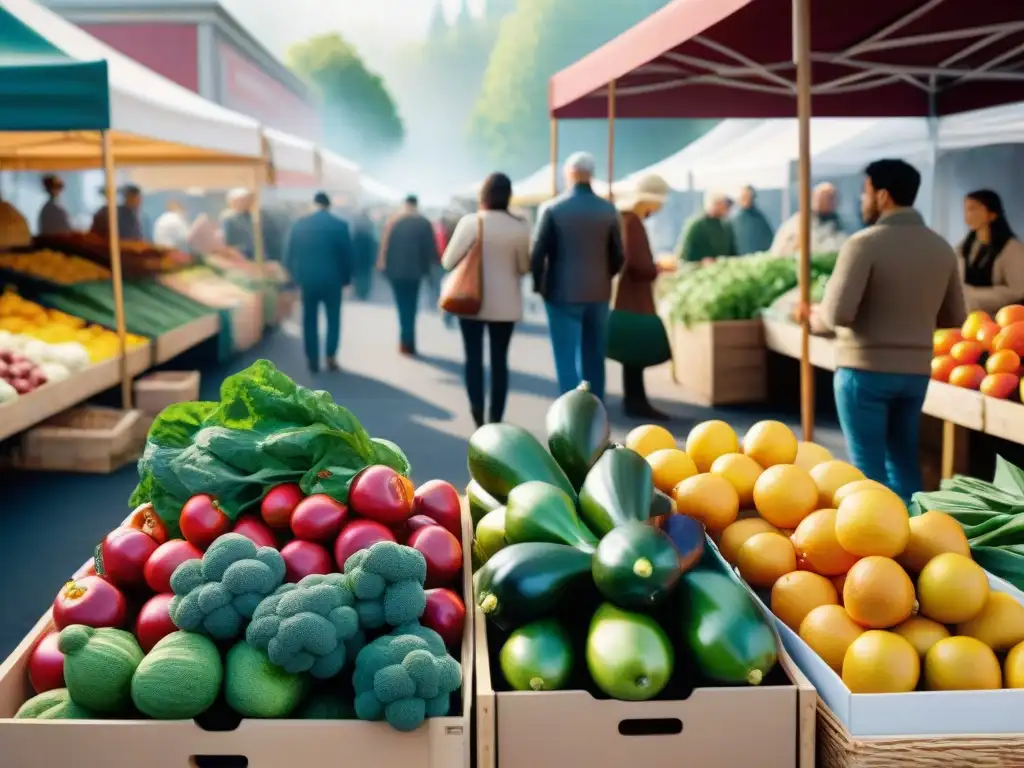 Un mercado bullicioso con puestos de alimentos orgánicos sin gluten, clientes diversos y atmósfera vibrante