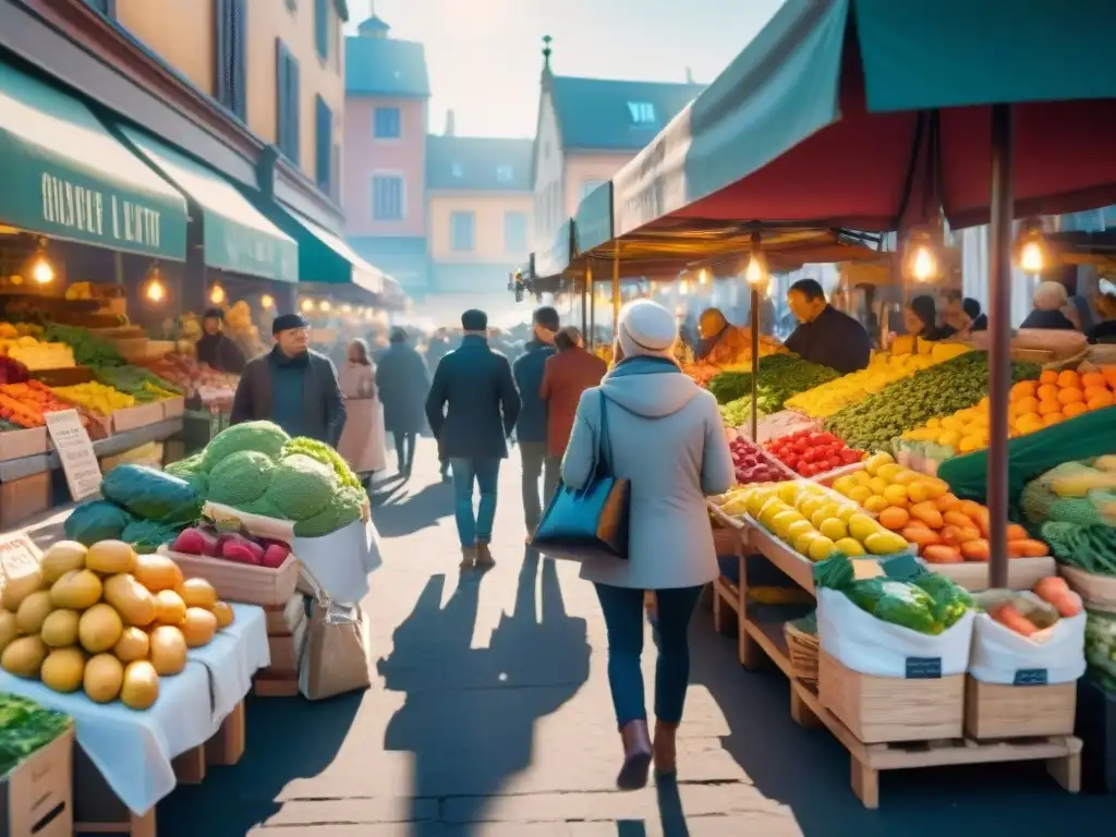 Un mercado bullicioso con puestos de colores rebosantes de frutas, verduras y productos sin gluten