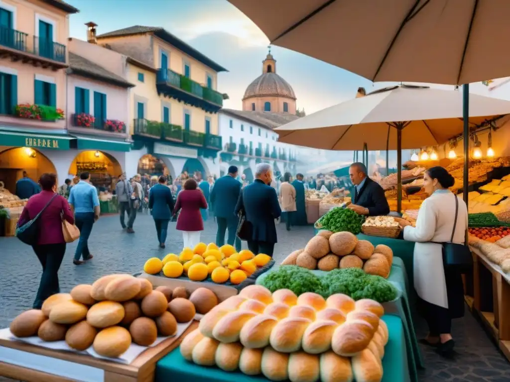 Un mercado bullicioso en Córdoba con recetas sin gluten innovadoras, pan recién horneado y frutas coloridas