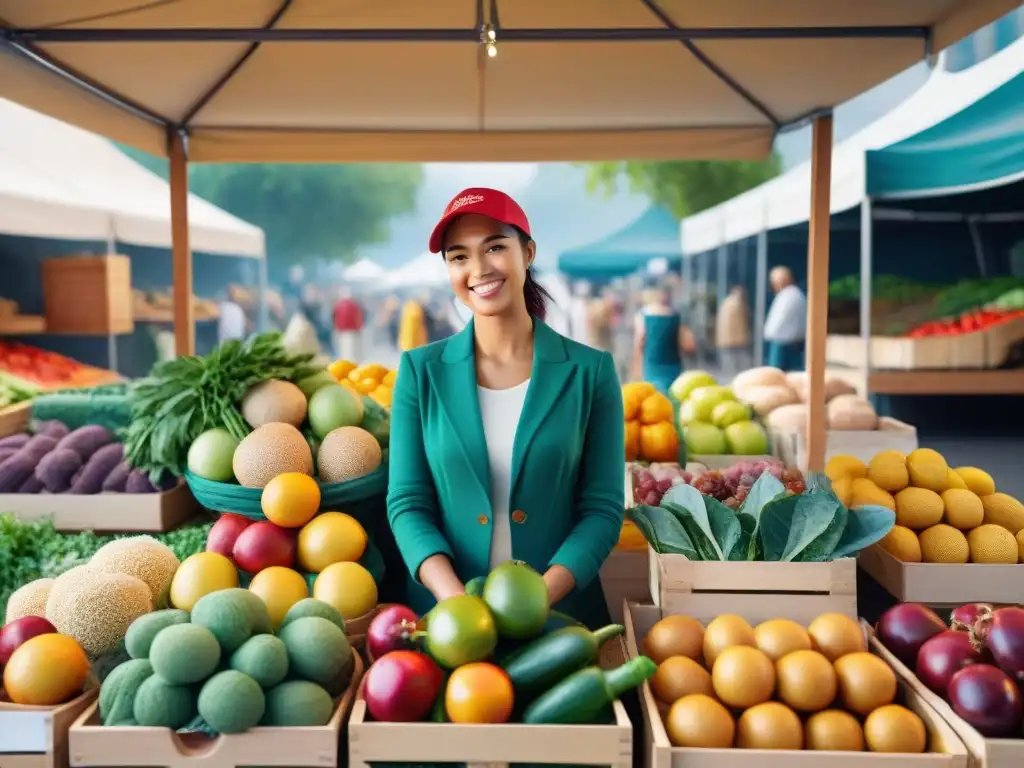 Mercado agrícola vibrante: frutas, verduras y granos frescos bajo el sol Un mercado agrícola bullicioso con una variedad diversa de frutas, verduras y granos frescos y coloridos, bajo un toldo dorado iluminado por el sol