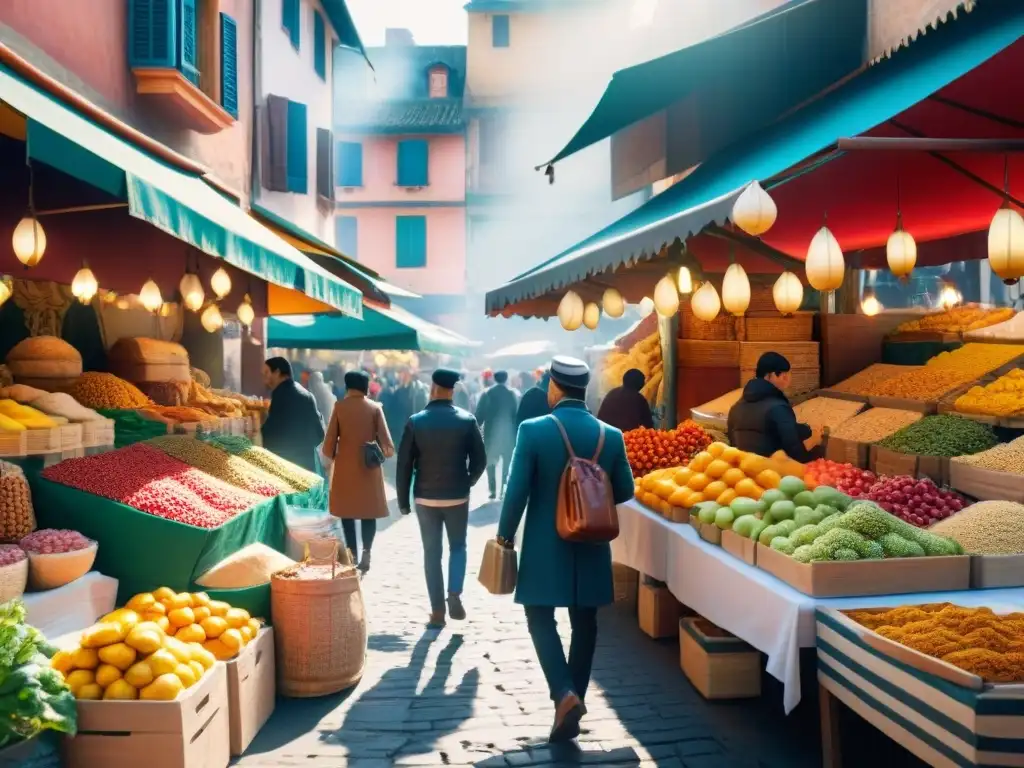 Un mercado bullicioso en una vibrante ciudad extranjera con sabores exóticos productos sin gluten