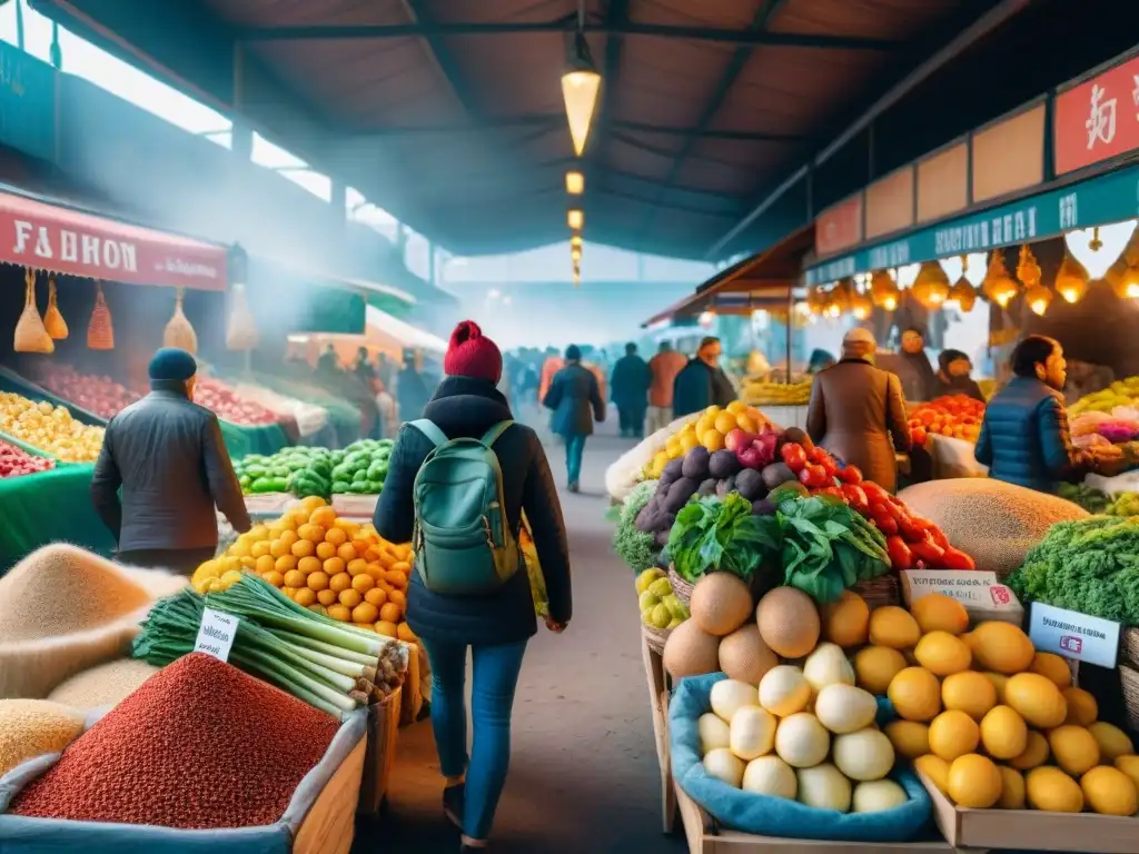 Mercado bullicioso y vibrante en país extranjero, con productos frescos y coloridos etiquetados como sin gluten, ideal para celíacos viajeros