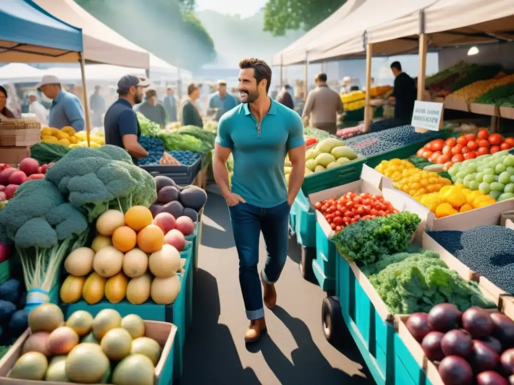 Un mercado agrícola bullicioso con vibrantes exhibiciones de frutas y verduras, destacando superfoods sin gluten