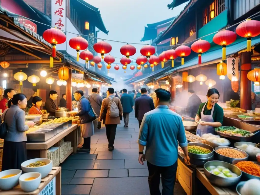 Un mercado callejero asiático lleno de vida y color, con delicias sin gluten