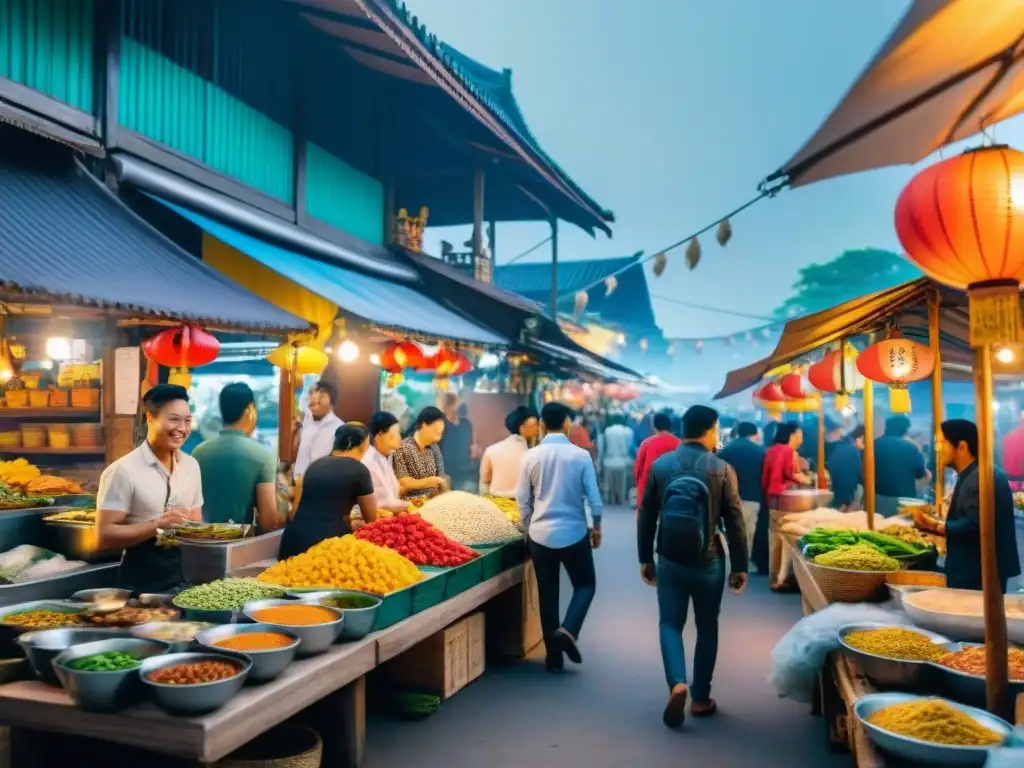 Un mercado callejero bullicioso en Tailandia con cocina sin gluten, locales y turistas sonrientes