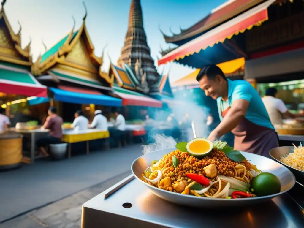 Un mercado callejero bullicioso en Bangkok con colores vibrantes y frutas exóticas