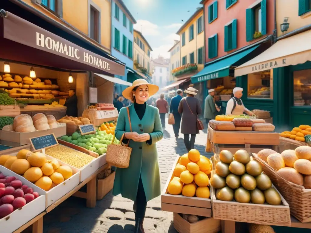 Un mercado callejero bullicioso en una encantadora ciudad europea, con productos frescos y sin gluten