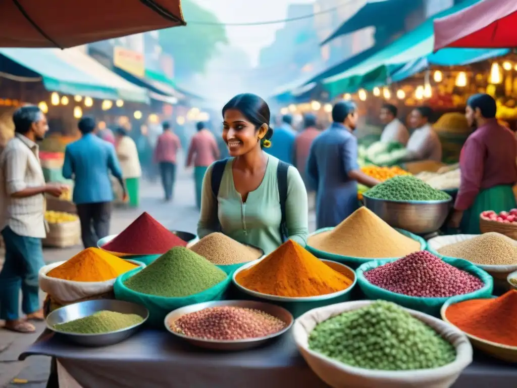 Un mercado callejero bullicioso de la India con puestos de especias, frutas y verduras