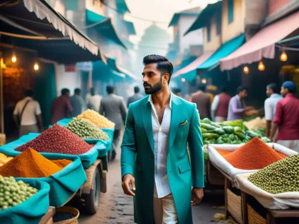 Mercado callejero bullicioso en la India, colores vibrantes y especias exóticas