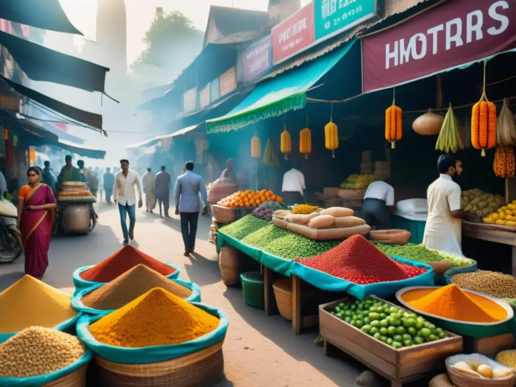 Un mercado callejero bullicioso en la India con productos sin gluten y aromas exóticos, perfecto para un viaje a la India sin gluten