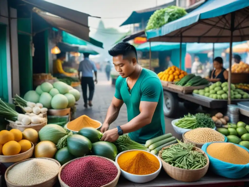 Un mercado callejero tailandés bullicioso, lleno de colores vibrantes y frutas y verduras exóticas