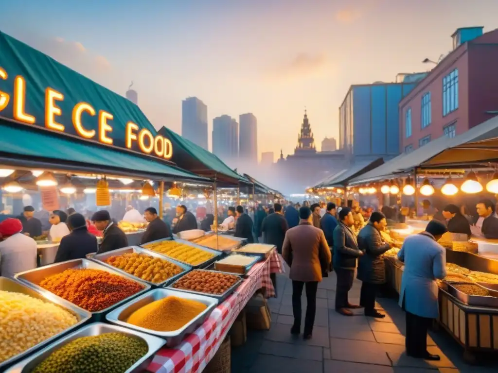 Un mercado callejero bullicioso con puestos de comida internacional y letreros coloridos de 'Opciones sin gluten' en varios idiomas